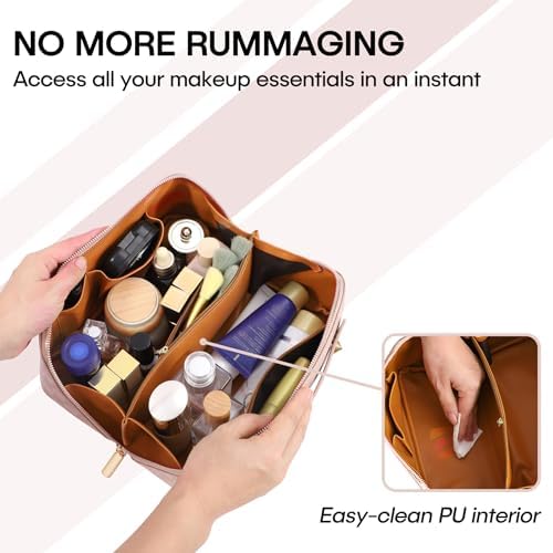ALEXTINA Large Capacity Travel Cosmetic Bag - Portable Makeup Bags for Women Waterproof PU Leather Checkered Makeup Organizer Bag with Dividers and Handle,Toiletry Bag for Cosmetics, pink