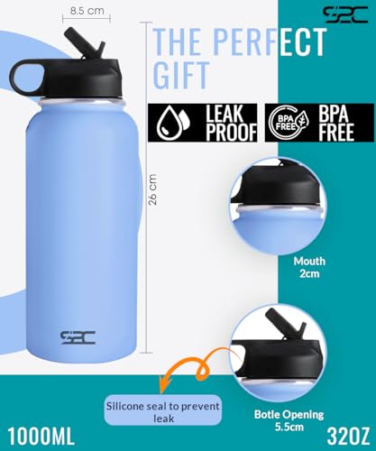 S2C Stainless Steel Water Bottle 1L,32oz Double Wall Vacuum Insulated Water Bottle, BPA Free Water Bottle for Kids School with Straw lid- Thermos Water Flask for Hot Water, Water Bottle (SKY BLUE)