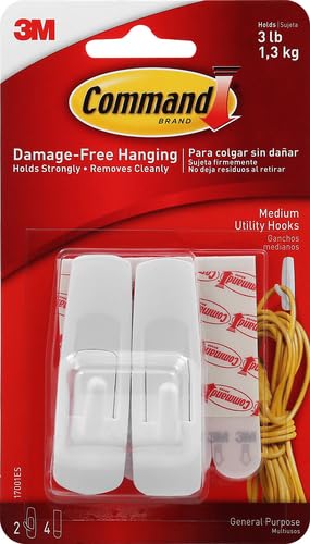 Command Utility Medium Hooks White color, 2 hooks + 4 strips/pack | Holds 1.36 kg each hook| Organize | Decoration | No Tools | Holds Strongly | Damage-Free Hanging
