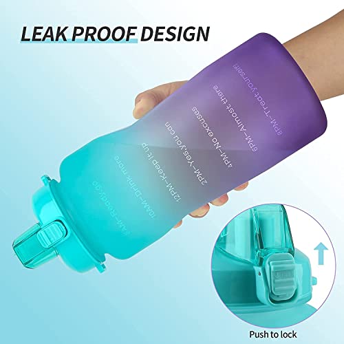 MahMir Large 2 Liters 64Oz BPA Free Multicolor Water Bottle - Leak Proof With Straw, Motivational Quote And Time Marker, Anti Slip For Sports,Fitness, Gym,Outdoor, Picnic, Office (Blue)