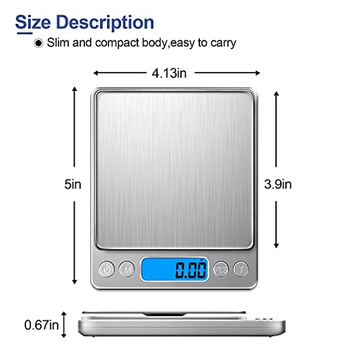 Nabelisen Grams Scale Ounce Mini Scale, 3000g by 0.1g Accuracy, Digital Food Kitchen Durable Scale for Baking,Jewelry, Herbs, Seasoning,9 Units Conversion,Tare Function, Trays Included,Silver