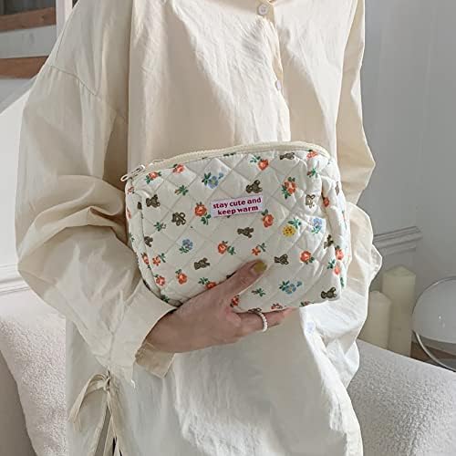 Juoxeepy Cotton Makeup Bag Large Travel Cosmetic Bag Quilted Cosmetic Pouch Coquette Aesthetic Floral Toiletry Bag, A-White, 10x5.9x5.3in