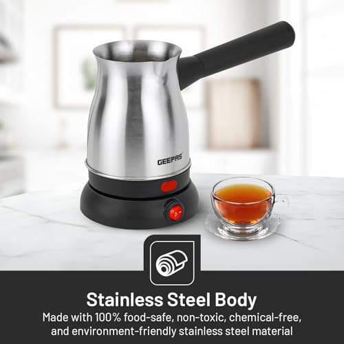 Geepas Electric Turkish Coffee Maker, Stainless Steel, GK38050 | 0.8L Capacity | 360-Degree Rotation | Non-Automatic Cut Off | Coffee Kettle for Home Office | Food Grade and Safe to Drink