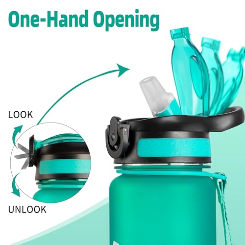 Sport Water Bottle 1L / 32oz with Motivational Time Marker Straw Strainer Tritan Plastic BPA Free Bottles for kids Fitness Gym Office Outdoor School Sports and Exercise Leak Proof (Green & Purple)