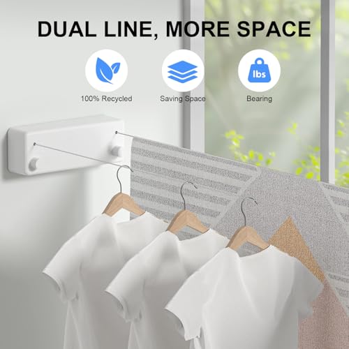 Retractable Clothesline Indoor - Double Clothes Line Retracting Outdoor Stainless Steel Clothes Line for Hanging Clothes - Wall Mounted Laundry Line (White)