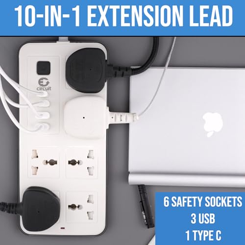 CIRCUIT GREEN Universal Extension Lead/Cord with Multiple Functions, UK 3-Pin Plug Socket with 6 Outlets | 3 USB Ports | 1 Type-C Cable Port, 2M Power Strip for Home, Kitchen, and Office (White)