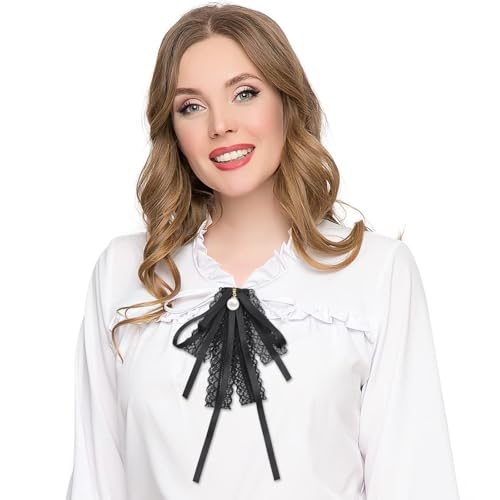 Azonee Black lace Bow Tie Brooches, Pearl Bow Brooch, for Girl Women Fashion jabot collar brooch pins Pre-Tied Neck Tie Shirt Corsage Neck Tie