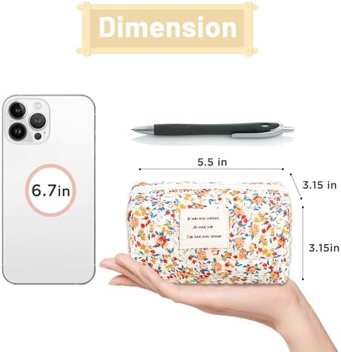 Sminra Floral Makeup Bag Large Cotton Quilted Cosmetic Makeup Bag Organizer, Aesthetic Portable Pouch Purse Toiletry Bag for Women Girls Travel accessories(Blue Floral-L)