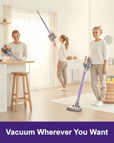 Cordless Vacuum Cleaner, 2 Batteries 120 Mins Runtime, 550W 45KPA Stick Vacuum with Self-Standing, Tangle-Free Brush, LED Display, Vacuum Cleaner for Home Hardwood Floor, Carpet, Pet Hair (purple)