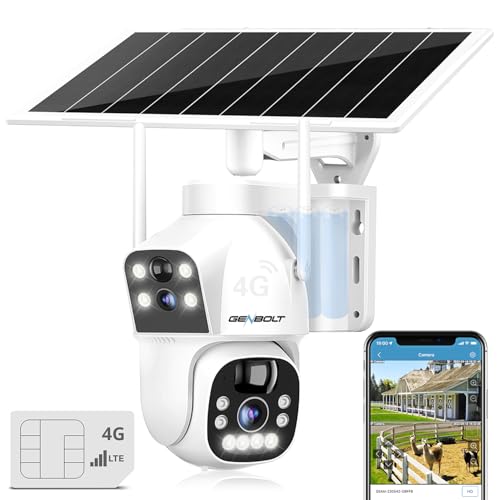 GENBOLT 3G/4G LTE Cellular Solar Security Camera Outdoor Wireless, 8W 15600mAh Battery Operated Surveillance Camera No WiFi, Dual Lens Spotlight IP Camera CCTV with SIM Card