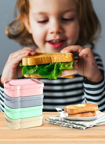 4 Pcs Sandwich Boxes, Lunch Box Containers,Portable Sandwich Containers Food Safe Wheat Straw Material, Toast Shape Storage for Bread/Sandwiches/Food/Fruit, Microwave Dishwasher & Freezer Safe