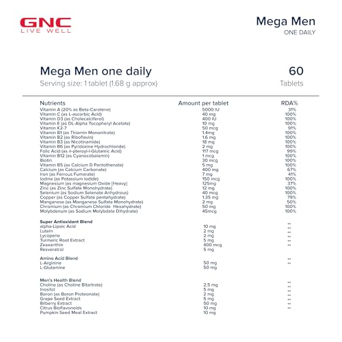 GNC Mega Men One Daily Multivitamin | 60 Tablets | 32 Premium Ingredients | Promotes Men's Well-Being | Supports Muscle Function | Boosts Immunity | Improves Memory & Focus | Formulated In USA