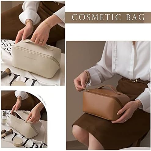 WBOOO Large Capacity Travel Cosmetic Bag, Multifunction Organizer Storage Bag, Makeup Bag with Handle and Dividers, Skincare Dispenser, Toiletry Bag for Women, 9.25x4.13x4.33 inch - Beige.