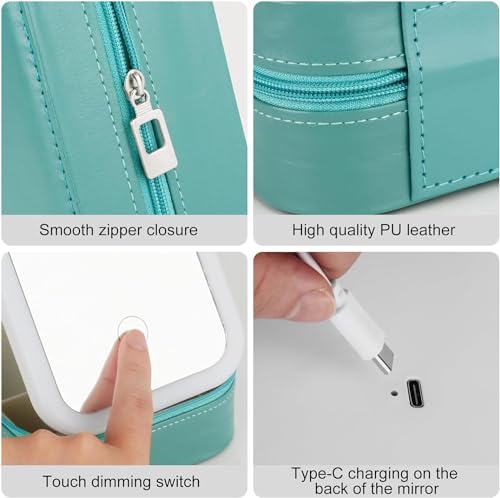 Tufexigo Travel Makeup Case with LED Mirror, Makeup Bag with Lighted Mirror, Cosmetic Train Storage Box, Portable Organizer Vanity Case for Women Beauty Tools Accessories Rechargeable (Green)