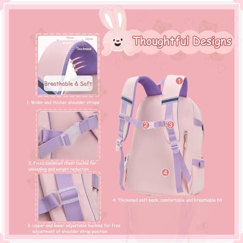 Excefore Bunny Backpack for Girls, Cute Kids Bookbag for Elementary School Teens, Kawaii Preschool Outdoor Daypack, Kids Backpack with Rabbit Dolls, Pink