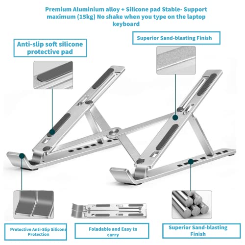 Adjustable Laptop Stand, Portable Aluminium Laptop Riser Laptop Holder for Desk, Foldable Ventilated Cooling Computer Support Stand for Apple MacBook Pro/Air, HP, Sony, Dell