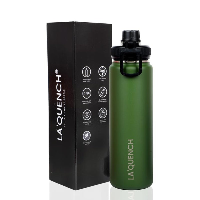 LA'QUENCH™ 18/8 Stainless Steel Water Bottle 710ML / 24oz Double Wall Vacuum Insulated Thermos Flask Wide Mouth Gym Sports Bottle (Army Green)