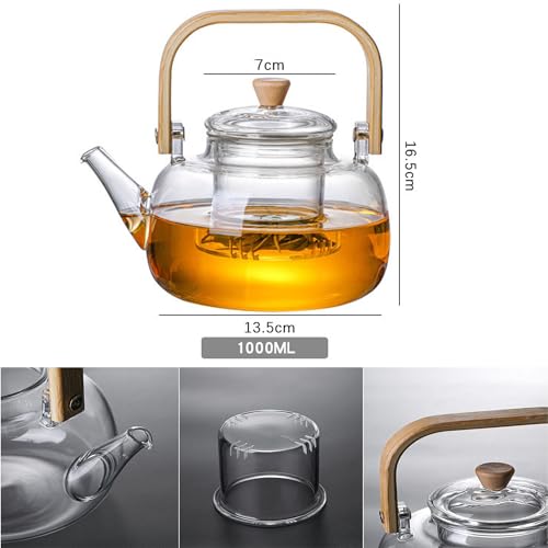 YUEMING Glass Teapot with Infuser, 1000ml Teapot with Glass Strainer for Loose Tea, Heat Resistant Borosilicate Glass Teapot with Removable Infuser, Tea Kettle Safe On Stovetop
