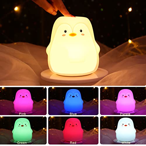 Tremdwoto Penguin Night Light Kids Room, 7 Color Changing LED Portable Touch Lamp for Bedroom, USB Chargeable Silicone Animal Nightlight for Baby Children Nursery Toddler Girl Birthday Gift Decor