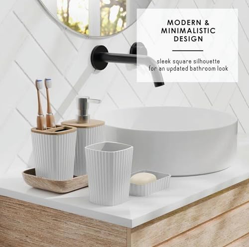 SA24 Bathroom Accessories, 6 Piece Set, Plastic, Toothbrush Holder, Toothbrush Cup, Soap Dispenser, Dish, Toilet Brush Holder, Trash Can, Tumbler (White Sq)
