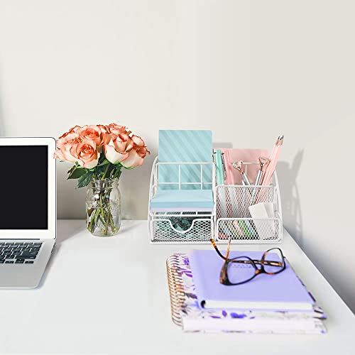 Benting Desk Organizer Office Accessories, Multi-Functional Mesh Desk Organizer with 5 Compartments and 1 Drawer for Home, Office, School, Workshop, kitchen (White)