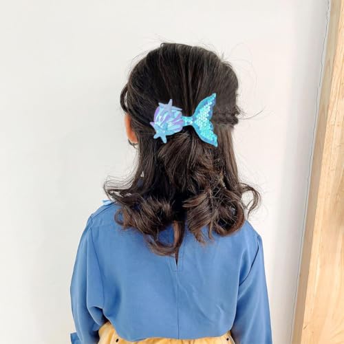 LAROKO Hair Clips for Girls, Aurora Sequins Mermaid Fish Tail Hairpin Starfish Sequin Hair Accessories, Multicolor Sparkling Hair Barrettes for Little Girls Toddlers Kids and Teens 6 Pcs