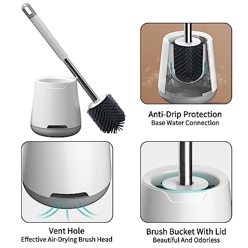 Wesoke Toilet Brush and Holder Set, Silicone Toilet Cleaner Brush Deep Cleaning Toilet Bowl Brush with Ventilated Holder & Long Handle for Bathroom Restroom, Floor Standing Toilet Scrubber Accessories