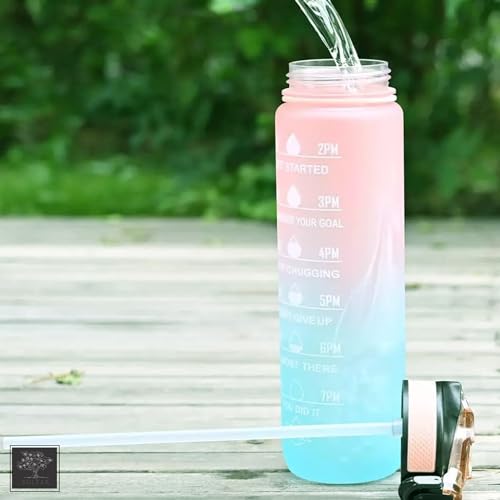 Sulfar Water Bottle 1L / 32oz with Motivational Time Marker Straw Strainer Plastic BPA Free Sport Water Bottles for kids Fitness Gym Office Outdoor Sports and Exercise| Leak Proof (Pink & Blue)
