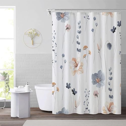 ChicAbode Watercolor Floral Shower Curtain Sets,Blue Beige Flowers Bathroom Curtains,Modern Minimalist White Bath Curtain, Waterproof Fabric with 12 Hooks 180x200 cm