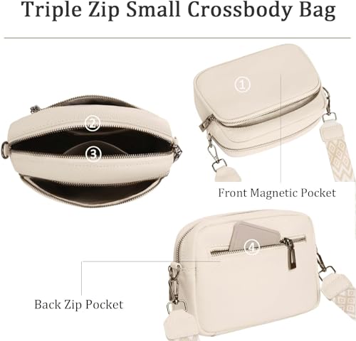 Crossbody Bag for Women, Small Leather Camera Purse Thick Strap Cross-body Bags, Triple Zip Shoulder Bag with Guitar Strap