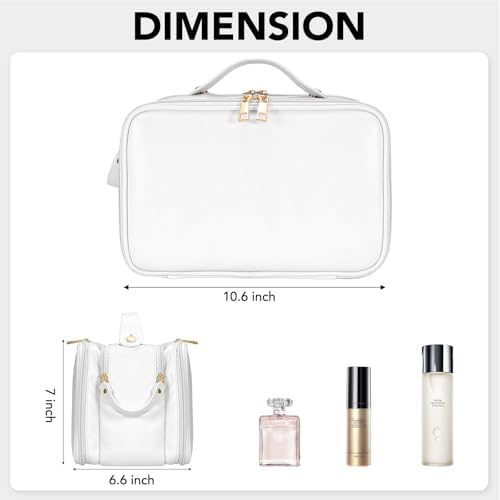 Azonee Large Capacity Travel Makeup Bag for Women, Portable Cosmetic Organizer with Waterproof Design, Vertical Brush Holder, Easy Access Storage for Toiletries and Essentials (White)