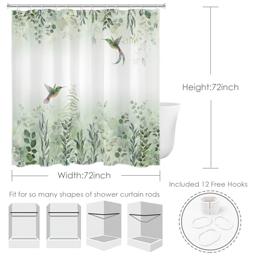 EOBTAIN Sage Green Leaves Shower Curtain Eucalyptus Hummingbird Bird Shower Curtains White Green Leaf Botanical Plant Floral Cottagecore Aesthetic Bathroom Curtain 12 Hooks Durable Fabric 72X72Inches