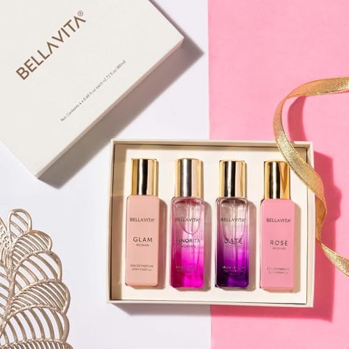 BellaVita Luxury Perfume Gift Set for Women | Includes DATE, Senorita, GLAM, ROSE Perfumes | Floral, Fruity & Savoury Long Lasting Scents | Gift Set for Women | Special Womens Collection (4x20ml)