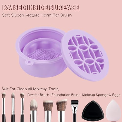 3-IN-1 Silicone Makeup Brush Cleaner & Holder - Portable Folding Washing Tool,Travel-Friendly Brush Cleaner Mat for Brushes,Sponge,Powder Puff - Cosmetic Brush Cleaning & Drying Organizer-Purple