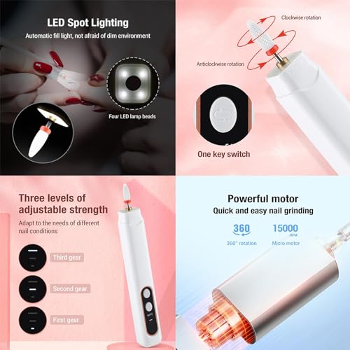 TERRIFI Portable USB Nail Drill, Electric Nail Files, USB Electric Nail File for Acrylic Gel Nails, Cordless Portable Electric Nail Drill Machine, Manicure and Pedicure Tools for Nail Art DIY