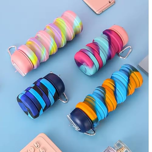 ROLL RIDE FUN Silicone Collapsible Water Bottles, 500ml Portable Foldable Expandable Water Bottle Sports Cups with Carabiner, Leak Proof Reusable BPA Free, for Outdoor Activities Travel (Teal Pink)
