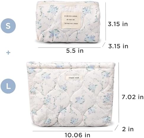 Sminra Floral Makeup Bag Large Cotton Quilted Cosmetic Makeup Bag Organizer, Aesthetic Portable Pouch Purse Toiletry Bag for Women Girls Travel accessories(Blue Floral-L)