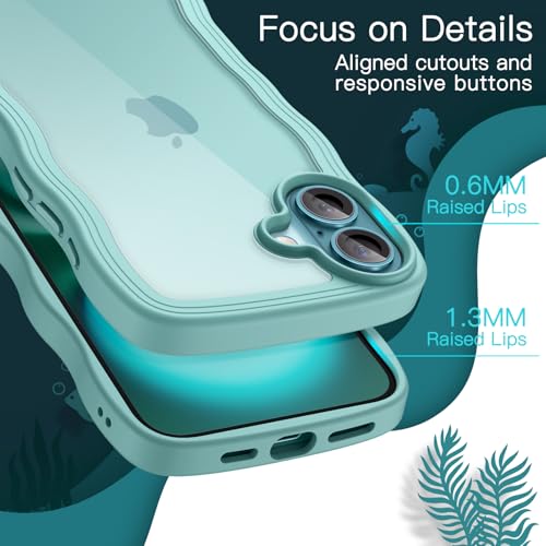 JETech Wavy Case for iPhone 16 6.1-Inch, Cute Wave Frame Curly Shape Shockproof Phone Cover for Women and Girls, Clear Hard PC Back (Teal)