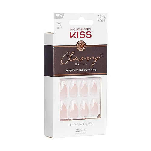 KISS Salon Acrylic French Manicure Kit - Silk Dress, Coffin Shape (Medium) – Press On Fake Nails Set with Mini File, Nail Glue, Manicure Stick Acrylic Nail Kit