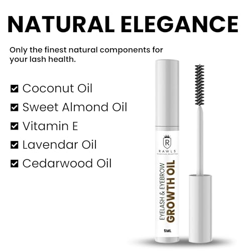 Rawls Eyebrow & Eyelash Growth Serum – Natural & Organic Formula for Longer, Thicker Brows & Lashes – Nourishing with Castor Oil, Almond Oil, Vitamin E & C – 5ml