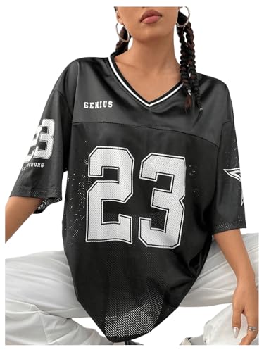 GORGLITTER Women's Letter Print Mesh Jersey T Shirts V Neck Half Sleeve Drop Shoulder Tops