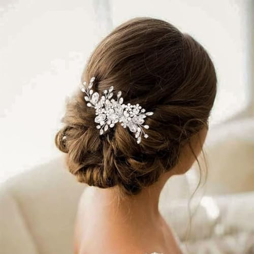 TERRIFI Crystal Bride Wedding Hair Comb, Pearl Bridal Hair Piece Hair Accessories for Women and Girls, Silver