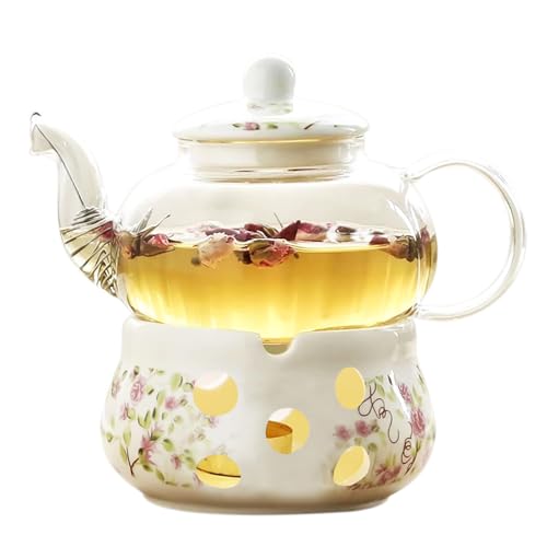 Lomeshow Chinese Flower Ceramic Teapot and Heater, ceramic arabic teapot, Ceramic Teapot with Infuser, Glass Tea Set, Tea Warmer Stand(Without Candle)-a-Base&teapot