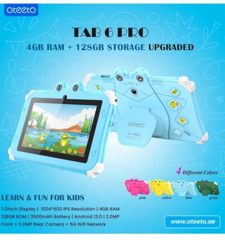 Oteeto TAB 6 Kids Tablet, 7-Inch IPS LCD Display, 4GB RAM + 128GB ROM, Android 13, Dual Camera, Black (Blue)
