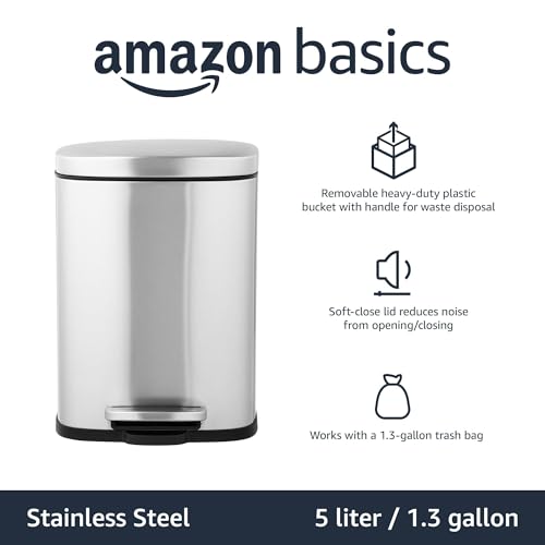 Amazon Basics Smudge Resistant Rectangular Trash Can With Soft-Close Foot Pedal, Brushed Stainless Steel, for Bathroom & small space, 5 L /1.32 Gal, Satin Nickel Finish, 7.3x8.5 x11.8 in (LxWxH)