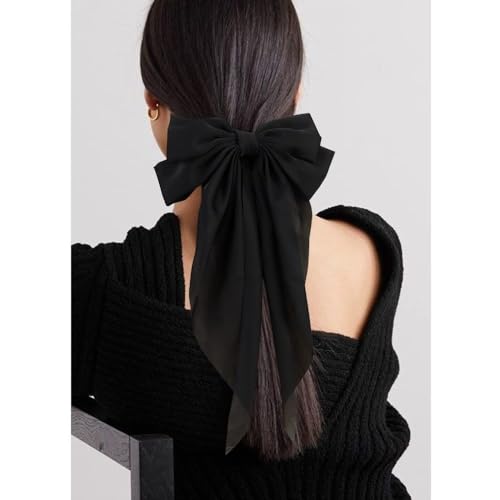 2 Pcs Silky Satin Hair Bows,Big Hair Bows for Women Hair Ribons Oversized Long Tail White Hair Bow Black Hair Bow Large Hair Barrettes for Women French Barrettes Metal Clips Hair Clip (White+Black)