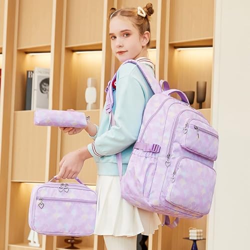 School Bags For Girls, Pencil Case For Girls With Lunch Bag Set Of 3 Girls' Fashion Gift (Purple)