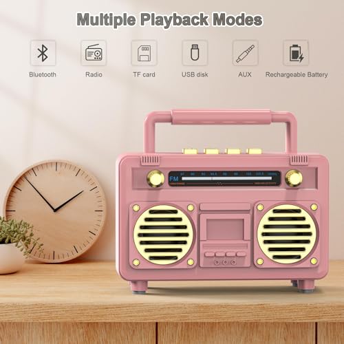 Azonee Mini Retro Bluetooth Speaker, Portable Bluetooth Stereo Speaker, Small Vintage Wireless Speaker Support TF Card - USB, for Travel, Home, Beach, Kitchen for Android/iOS Devices (Pink)