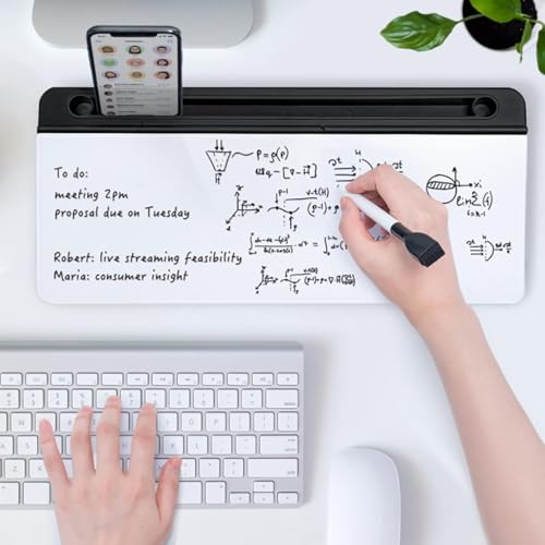Beauenty Small Glass Desktop Whiteboard Dry-Erase-Board - Computer Keyboard Stand White Board Surface Pad with Drawer, Desk Organizers with Accessories for Office, Home, School Supplies (Black)