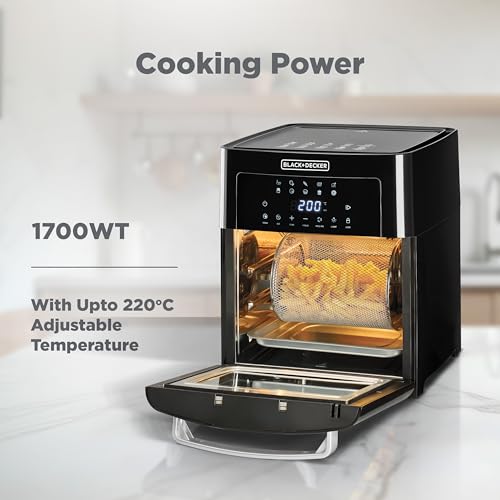 BLACK+DECKER Digital Air Fryer Oven, 1700W, 15L Family-Sized Capacity, Touch Control, 10 Preset Functions, 80-220°C Adjustable Temp, Rapid Air Convection, Smoke-Free Cooking, Black - AOF150-B5